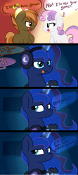 Size: 1920x4320 | Tagged: safe, artist:littleblackraencloud, button mash, princess luna, sweetie belle, alicorn, earth pony, pony, unicorn, :p, absurd resolution, argument, comic, controller, dialogue, dream walker luna, female, filly, foal, gamer luna, hat, headphones, levitation, magic, mare, signature, telekinesis, tongue out