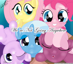 Size: 5016x4381 | Tagged: safe, artist:stormythetrooper, derpibooru import, cheerilee, fluttershy, pinkie pie, starlight glimmer, trixie, earth pony, pegasus, pony, unicorn, adorable face, cheeribetes, crying, cute, dialogue, diapinkes, diatrixes, drool, eyes closed, female, glimmerbetes, gradient background, grin, heart eyes, kissing, looking at you, mare, offscreen character, offscreen human, one eye closed, pov, shyabetes, signature, smiling, smiling at you, tears of joy, upside down, wingding eyes, wink