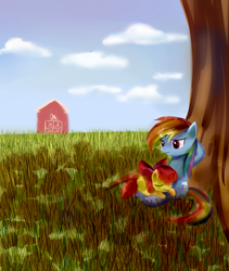 Size: 900x1068 | Tagged: safe, artist:incinerater, apple bloom, rainbow dash, pegasus, pony, duo, tree