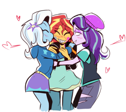 Size: 776x685 | Tagged: safe, artist:cassettepunk, derpibooru import, starlight glimmer, sunset shimmer, trixie, equestria girls, adorasexy, beanie, blushing, clothes, cute, diatrixes, female, glimmerbetes, hat, jacket, kiss mark, kiss on the cheek, kiss sandwich, kissing, leather jacket, lesbian, lipstick, polyamory, sexy, shimmerbetes, shimmerglimmer, shipping, simple background, startrixset, suntrix, white background