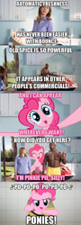 Size: 500x1393 | Tagged: safe, pinkie pie, human, pony, caption, comic, commercial, deodorant, dialogue, english, female, fourth wall, irl, irl human, male, man, mare, old spice, old spice guy, photo, screenshots, terry crews, woman