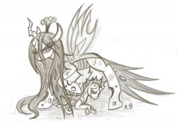 Size: 1934x1365 | Tagged: safe, artist:rossmaniteanzu, queen chrysalis, changeling, changeling queen, angry, crying, female, mama bear, mommy chrissy, monochrome, protecting, traditional art
