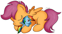 Size: 1460x813 | Tagged: safe, artist:secret-pony, rainbow dash, scootaloo, pegasus, pony, cute, cutealoo, doll, eyes closed, plushie, prone, simple background, sleeping, smiling, snuggling, transparent background