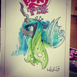 Size: 640x640 | Tagged: safe, artist:katiecandraw, queen chrysalis, changeling, changeling queen, female, horn, solo, traditional art