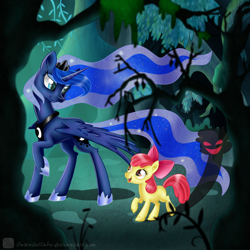 Size: 900x900 | Tagged: safe, artist:swanlullaby, apple bloom, princess luna, alicorn, pony, bloom and gloom, open mouth, shadow bloom