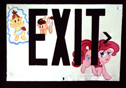 Size: 900x630 | Tagged: safe, artist:abaikgirl, pinkie pie, pound cake, pumpkin cake, earth pony, pony, exit