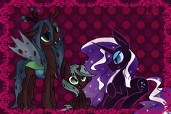 Size: 1500x1000 | Tagged: safe, artist:anggrc, nightmare rarity, queen chrysalis, oc, changeling, changeling queen, nymph, abstract background, commission, couple, female, implied shipping, lesbian, nightmare rarilis