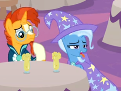 Size: 494x372 | Tagged: safe, derpibooru import, screencap, sunburst, trixie, pony, unicorn, the last problem, cape, clothes, cropped, disgusted, female, hat, male, mare, stallion, stool, table, tongue out, trixie's cape, trixie's hat, yuck