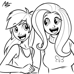 Size: 945x945 | Tagged: safe, artist:megasweet, fluttershy, rainbow dash, may the best pet win, awesome face, breasts, clothes, faic, female, hootershy, humanized, lineart, monochrome, scene interpretation, sweatershy