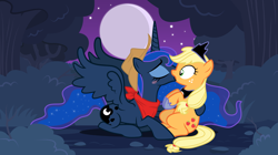 Size: 5545x3108 | Tagged: safe, artist:tsabak, applejack, princess luna, alicorn, earth pony, pony, absurd resolution, accessory swap, bandana, blushing, commission, female, forest, hat, hat swap, kissing, lesbian, lunajack, moon, night, prone, shipping, surprise kiss, surprised