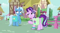 Size: 1920x1080 | Tagged: safe, derpibooru import, screencap, starlight glimmer, trixie, pony, unicorn, student counsel, bracelet, floppy ears, jewelry, saddle bag