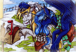 Size: 1024x697 | Tagged: safe, artist:scootiegp, derpy hooves, princess luna, alicorn, pegasus, pony, clothes, female, flying, letter, mailbag, mailbox, mailmare, mare, mouth hold, package, scarf, snow, traditional art, unshorn fetlocks