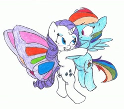 Size: 2241x1974 | Tagged: safe, artist:carnifex, artist:ronmart12, rainbow dash, rarity, pegasus, pony, unicorn, artificial wings, augmented, blushing, colored, female, flying, lesbian, magic, magic wings, raridash, shipping, traditional art, wings