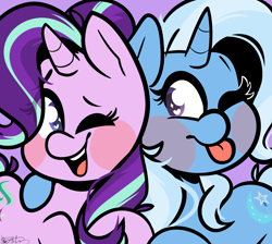 Size: 3352x3000 | Tagged: safe, artist:befishproductions, derpibooru import, starlight glimmer, trixie, pony, unicorn, blushing, high res, hug, one eye closed, raspberry, smiling, tongue out, wink