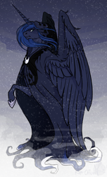 Size: 978x1606 | Tagged: safe, artist:kapu-official, princess luna, alicorn, pony, a hearth's warming tail, cloak, clothes, frown, snow, snowfall, solo, spirit of hearth's warming yet to come