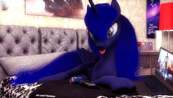 Size: 1920x1080 | Tagged: safe, artist:thelunagames, princess luna, alicorn, pony, 3d, computer, pepsi, prone, soda, soda can, sofa, solo, tongue out