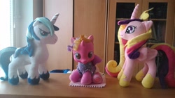 Size: 1920x1080 | Tagged: safe, artist:onlyfactory, princess cadance, princess skyla, shining armor, pony, unicorn, bootleg, doll, family, irl, photo, plushie, toy, what if