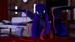 Size: 2560x1440 | Tagged: safe, artist:thelunagames, princess luna, alicorn, pony, 3d, clothes, female, looking at you, mare, ribbon, socks, sofa, solo, spread wings, tongue, tongue out