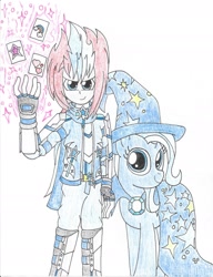 Size: 1700x2212 | Tagged: safe, artist:piplupstarscommander, derpibooru import, trixie, human, pony, unicorn, crossover, playing card, traditional art