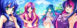 Size: 887x328 | Tagged: safe, artist:abbyc26, princess cadance, princess celestia, princess luna, twilight sparkle, twilight sparkle (alicorn), alicorn, human, alicorn tetrarchy, anime, belly button, bikini, breasts, clothes, dress, female, food, headlight sparkle, humanized, popsicle, side-tie bikini, swimsuit