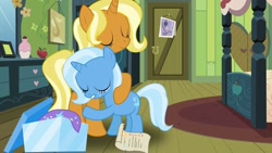 Size: 1280x720 | Tagged: safe, artist:ruinedomega, derpibooru import, edit, sunflower spectacle, trixie, pony, unicorn, crying, duo, duo female, female, filly, filly trixie, hug, mare, mother and child, mother and daughter, parent and child, sad, young, younger