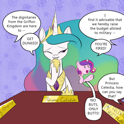 Size: 1000x1000 | Tagged: safe, artist:goat train, princess cadance, princess celestia, alicorn, pony, desk, filly, laughing, raised hoof, tiny ponies, younger