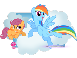 Size: 1100x825 | Tagged: safe, artist:ravenevert, rainbow dash, scootaloo, pegasus, pony, blank flank, cloud, duo, duo female, female, filly, flying, mare, open mouth, scootaloo can fly, smiling, spread wings, wings