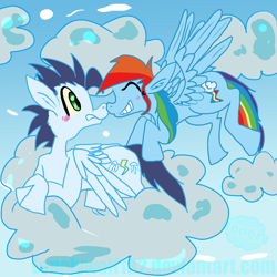 Size: 1000x1000 | Tagged: safe, artist:lonelywolf182, rainbow dash, soarin', pegasus, pony, blushing, boop, cloud, cloudy, eyes closed, female, flying, grin, gritted teeth, male, noseboop, prone, shipping, smiling, soarindash, spread wings, straight, wide eyes