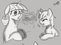 Size: 1280x946 | Tagged: safe, artist:amoniaco, shining armor, twilight velvet, pony, unicorn, comic:bbbff, explicit source, fanfic art, feeding, female, food, male, monochrome, mother and child, mother and son, open mouth, parent and child, sandwich, shiningvelvet, shipping, straight