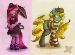 Size: 900x657 | Tagged: safe, artist:lonelycross, pinkie pie, oc, oc:madame banane, earth pony, pony, baguette, banana, bread, clothes, dress, fishnet stockings, food, goth, gothic, madame bananaguette, mascot, pinkamena diane pie, umbrella