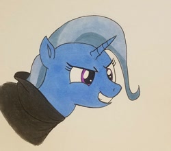 Size: 954x838 | Tagged: safe, artist:polar_storm, derpibooru import, trixie, pony, unicorn, cloak, clothes, colored sketch, female, mare, marker drawing, purple eyes, simple background, solo, traditional art, white background