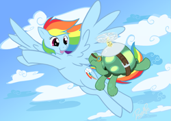 Size: 877x620 | Tagged: safe, rainbow dash, tank, pegasus, pony, turtle, cloud, cloudy, flying