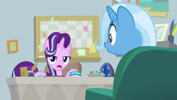 Size: 1920x1080 | Tagged: safe, derpibooru import, screencap, starlight glimmer, trixie, pony, student counsel, bracelet, geode, inkwell, jewelry, quill, sofa, starlight's office