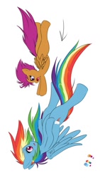 Size: 720x1280 | Tagged: safe, rainbow dash, scootaloo, pegasus, pony, blue mane, falling, female, mare, multicolored mane