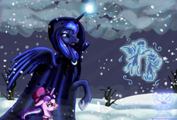 Size: 1024x694 | Tagged: safe, artist:shimmycocopuffssx1, princess luna, snowfall frost, starlight glimmer, alicorn, pony, a hearth's warming tail, cloak, clothes, dancing, magic, scene interpretation, snow, snowfall, spirit of hearth's warming yet to come, spread wings