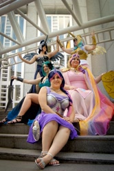 Size: 1363x2048 | Tagged: safe, artist:apple bunny, artist:blueeyesdante, artist:hykuw, artist:kairie cosplay, artist:kikiama, princess cadance, princess celestia, princess luna, queen chrysalis, twilight sparkle, human, cosplay, irl, irl human, photo