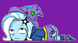 Size: 1334x733 | Tagged: safe, artist:starwantrix, derpibooru import, trixie, equestria girls, barrette, clothes, cute, diatrixes, hat, inconvenient trixie, magician, parody, purple background, simple background, skirt, solo, wizard, wizard hat