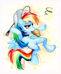 Size: 800x955 | Tagged: safe, artist:vsri, rainbow dash, pegasus, pony, bucket, food, fork, headbucket, lidded eyes, mouth hold, sandwich, solo