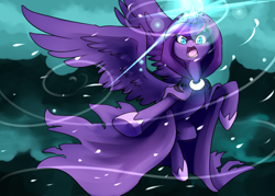 Size: 1400x1000 | Tagged: safe, artist:sacred-hedge, princess luna, alicorn, pony, a hearth's warming tail, cloak, clothes, magic, snow, snowfall, solo, spirit of hearth's warming yet to come