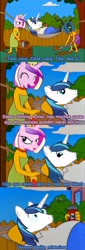 Size: 327x960 | Tagged: safe, princess cadance, queen chrysalis, shining armor, alicorn, changeling, changeling queen, pony, unicorn, blue text, chrysarmordance, comic, female, homer simpson, lesbian, marge simpson, shipping, spanish, the simpsons, translated in the comments