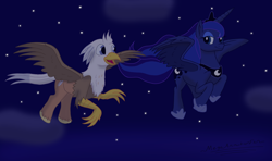 Size: 3922x2320 | Tagged: safe, artist:megaanimationfan, princess luna, oc, oc:silver quill, alicorn, classical hippogriff, hippogriff, pony, flying, night, signature, stars