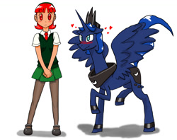 Size: 1280x1016 | Tagged: safe, artist:redanon, prince artemis, princess luna, oc, oc:femanon, human, blushing, clothes, color, eyes on the prize, femanon in malequestria, floppy ears, frown, mary janes, pantyhose, raised hoof, raised leg, red eyes, rule 63, shoes, skirt, smiling, spread wings, sweatdrop