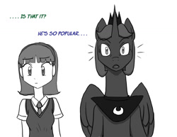 Size: 1280x989 | Tagged: safe, artist:redanon, prince artemis, princess luna, oc, oc:femanon, alicorn, human, pony, clothes, crown, dialogue, duo, female, females only, femanon in malequestria, grayscale, looking at you, mare, rule 63, school uniform, simple background, tie, white background