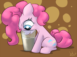 Size: 1332x1000 | Tagged: safe, artist:atryl, pinkie pie, earth pony, pony, :p, chocolate milk, cute, diapinkes, drink, eyes on the prize, female, filly, filly pinkie pie, glass, horse problems, sitting, smiling, solo, tongue out, younger