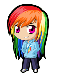 Size: 600x800 | Tagged: safe, artist:zantyarz, rainbow dash, chibi, clothes, female, humanized, multicolored hair