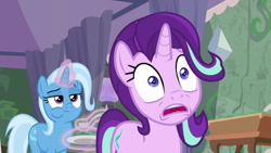 Size: 1280x720 | Tagged: safe, derpibooru import, screencap, starlight glimmer, trixie, pony, unicorn, student counsel, duo, eating, levitation, looking offscreen, magic, puffy cheeks, telekinesis