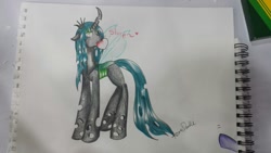 Size: 1280x720 | Tagged: safe, artist:azure-doodle, queen chrysalis, changeling, changeling queen, bronycon, commission, drinking, eating, heart, love, photo, solo, traditional art