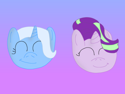 Size: 1600x1200 | Tagged: safe, artist:slimgoomba, derpibooru import, starlight glimmer, trixie, pony, unicorn, ball, eyes closed, female, glimmerball, gradient background, happy, inanimate tf, mare, morph ball, transformation, trixieball