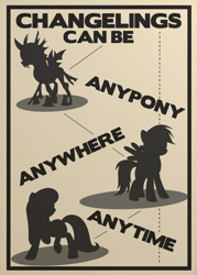 Size: 2500x3500 | Tagged: safe, artist:btedge116, octavia melody, rainbow dash, changeling, earth pony, pegasus, pony, high res, poster, propaganda, silhouette