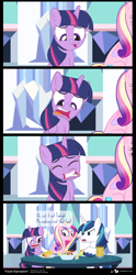 Size: 590x1190 | Tagged: safe, artist:dm29, princess cadance, shining armor, twilight sparkle, twilight sparkle (alicorn), alicorn, pony, unicorn, party pooped, 4koma, comic, faic, salad, taco, they're just so cheesy